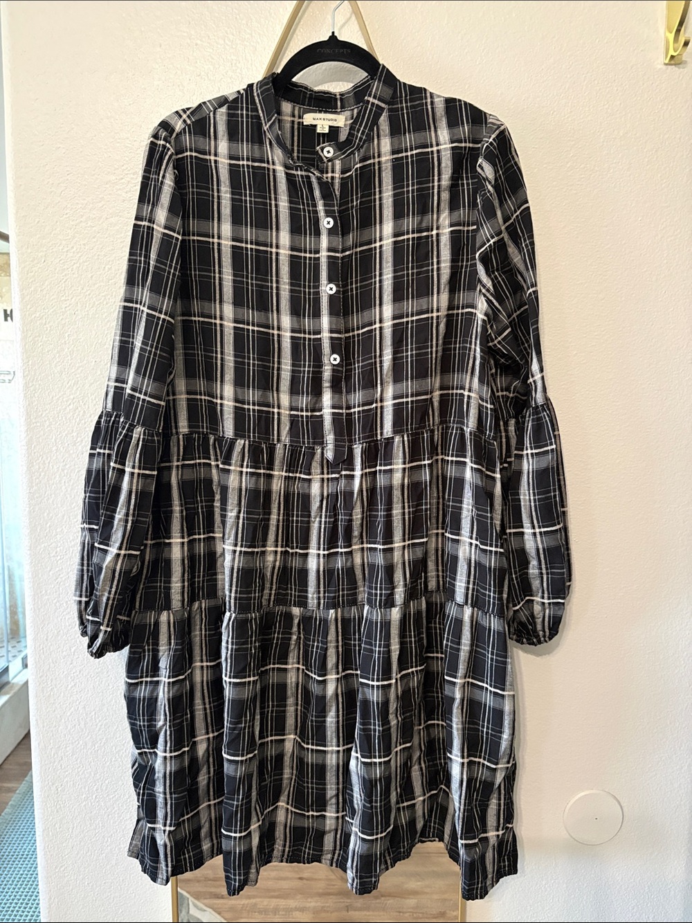Max studio Black & White Plaid Button-Front Tiered Dress - Oversized